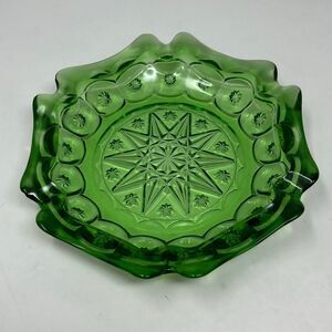 Vtg LE Smith Moon and Stars Large Green Glass Ashtray MCM 8½" diam 1970s Retro